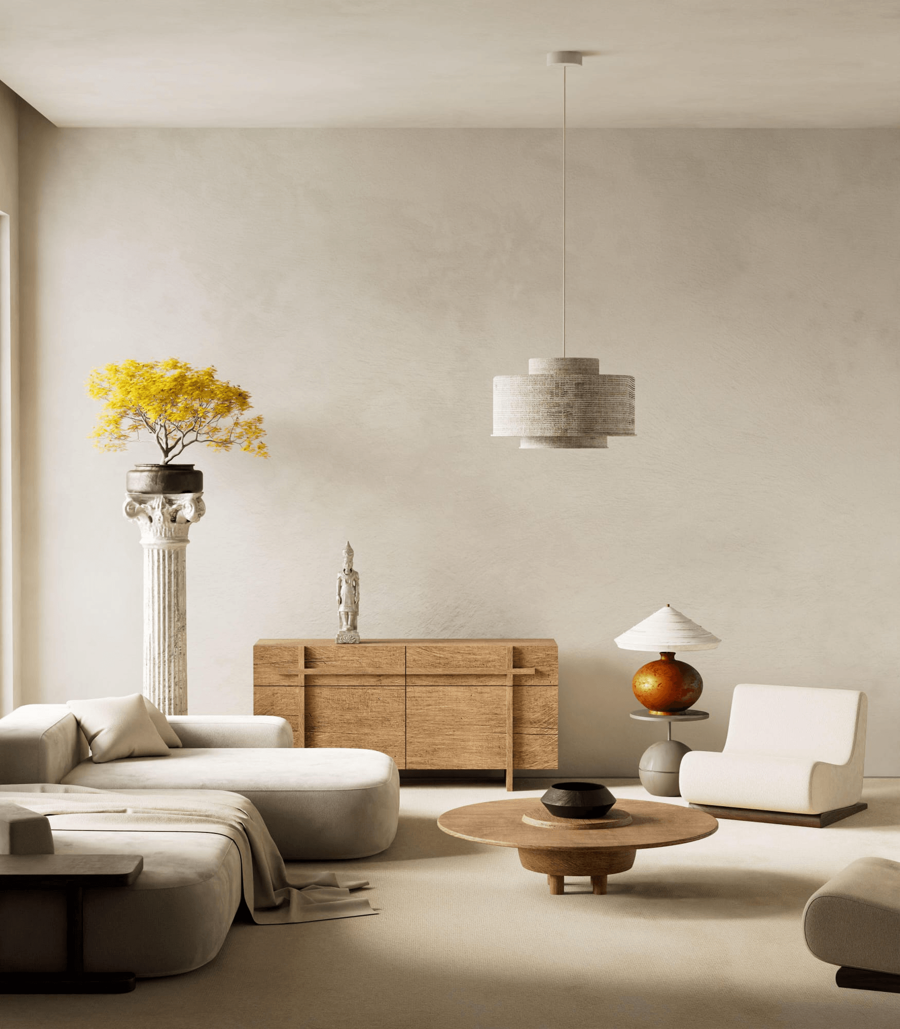 modern residential interior with seamless microcement flooring, soft ambient lighting, minimalist de