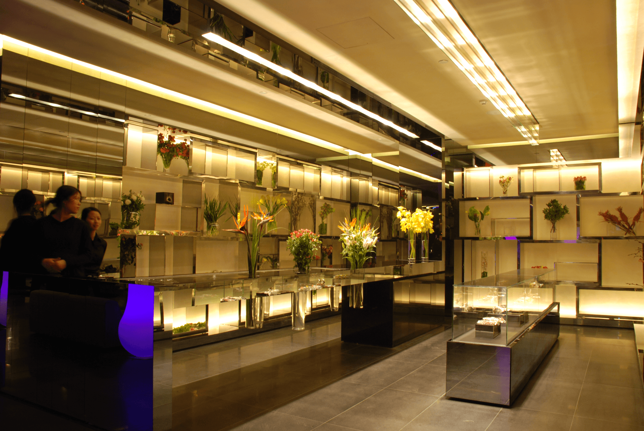 upscale boutique with rustic polished plaster feature wall, metallic accent lighting