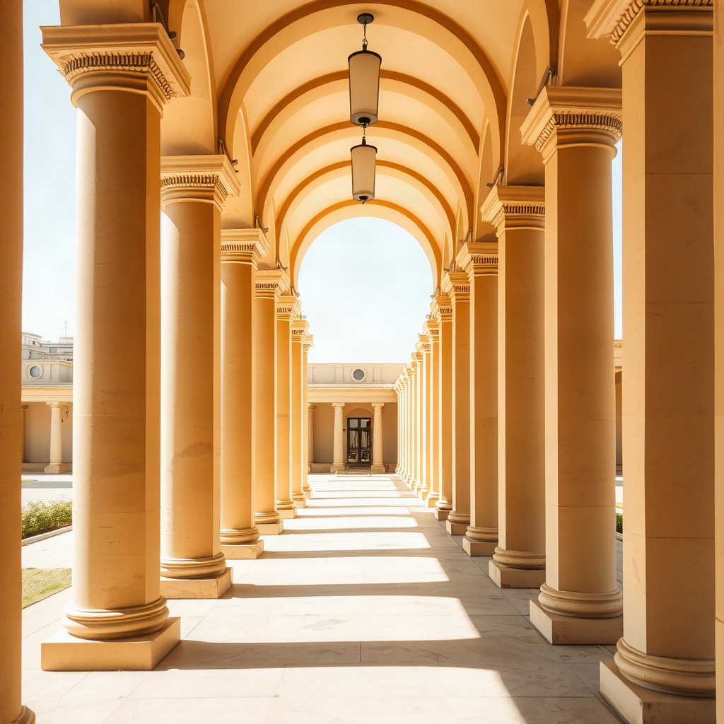architectural corridor with warm plaster pillars and modern perspective