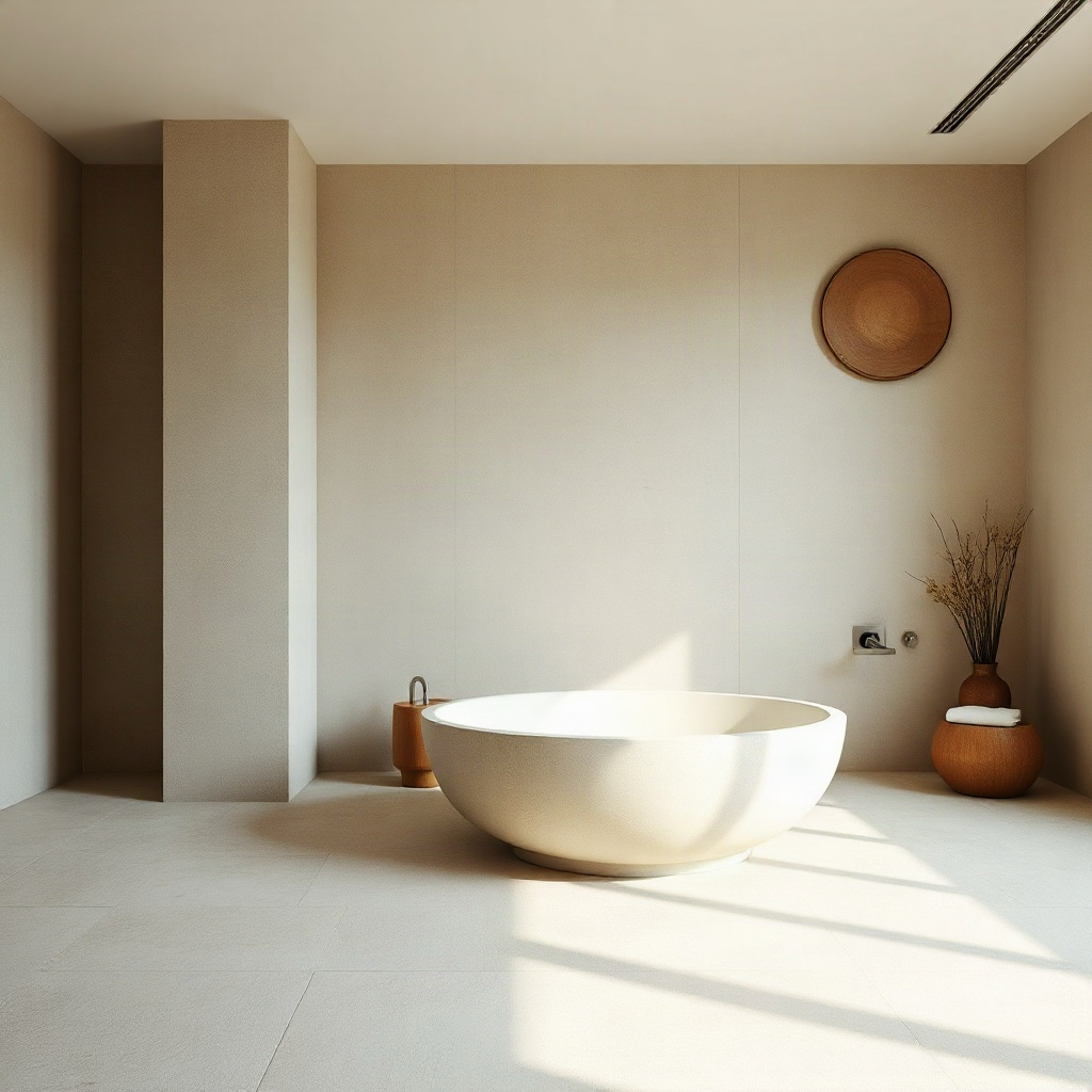 luxury japanese hotel spa with soft textured plaster walls, zen minimalist design