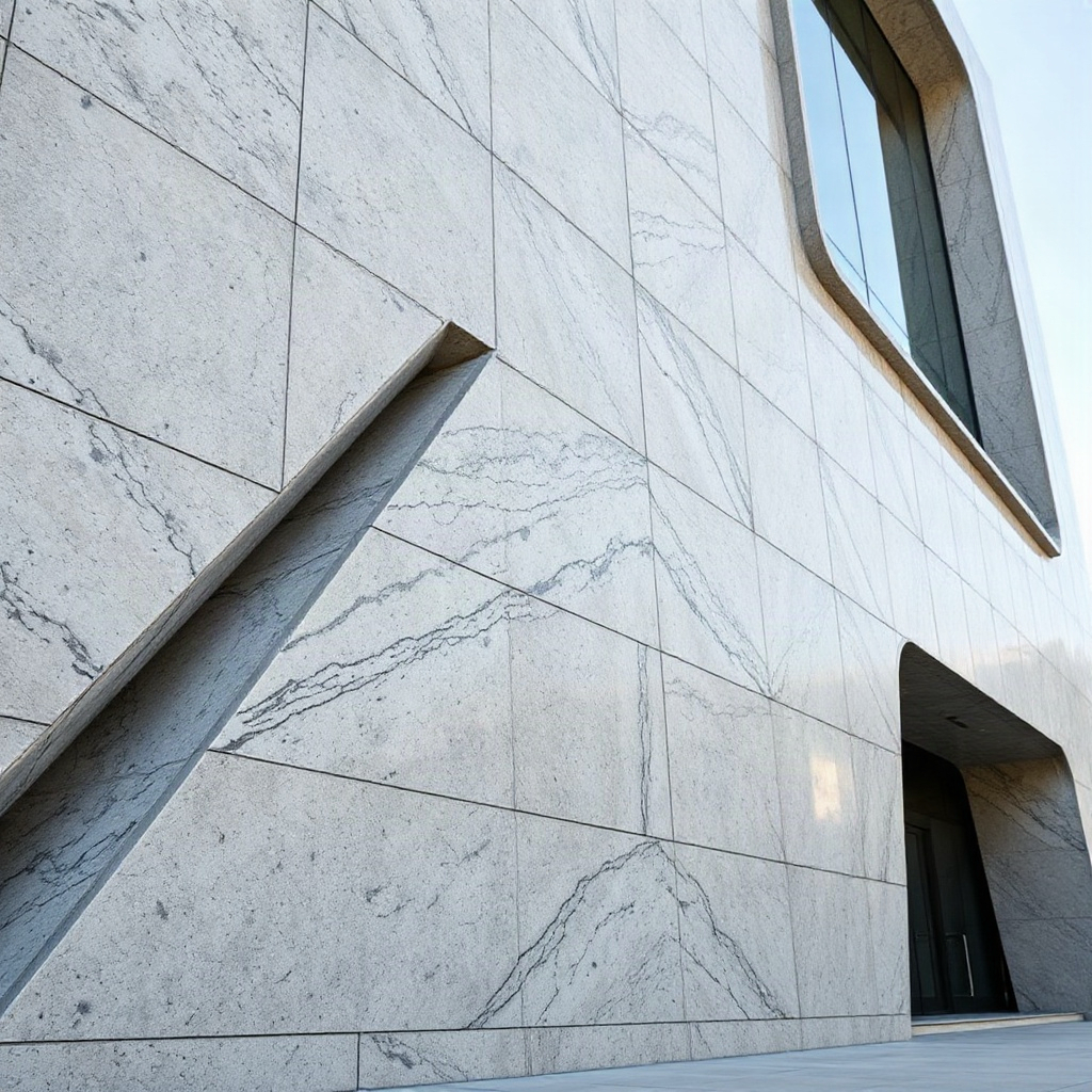 modern high-end architectural facade with large granite textured panels, sharp angles