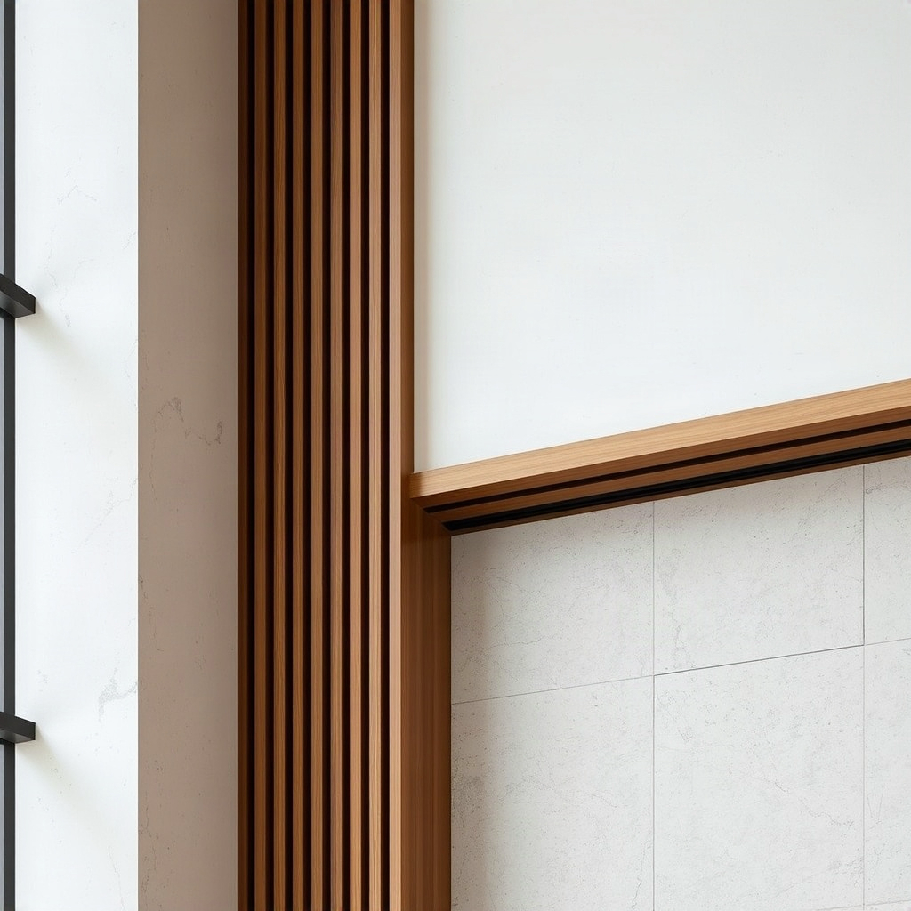 modern interior architectural detail with vertical wood and plaster elements